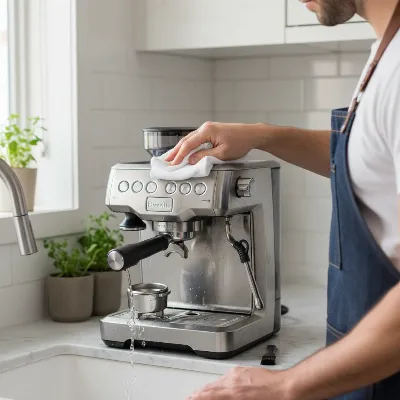 Breville Barista Express being cleaned, demonstrating proper maintenance for longevity.
