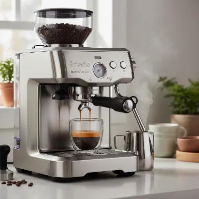Breville Barista Express espresso machine with integrated grinder in a modern kitchen setting