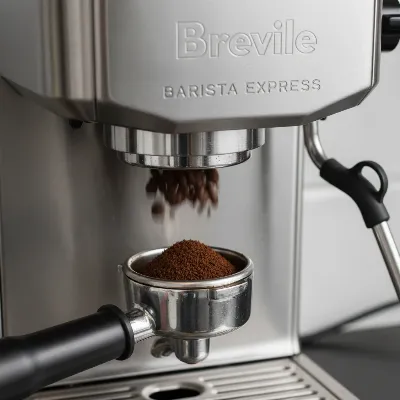 Breville Barista Express integrated conical burr grinder in action, grinding coffee beans into a portafilter.