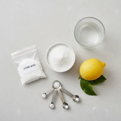 Various DIY descaling solutions including citric acid powder and measuring spoons on a kitchen counter