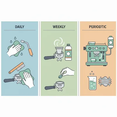 A step-by-step visual guide to daily, weekly, and periodic cleaning tasks for an espresso machine, showing tools like a brush, blind filter, and descaling solution. The image focuses on different parts of the machine being cleaned.