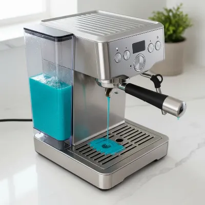 Espresso machine undergoing a descaling cycle, with descaling solution visible in the water tank, in a clean kitchen setting.