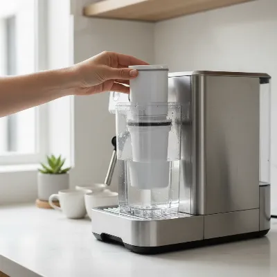 A person preparing an espresso machine for descaling, removing a water filter from the reservoir