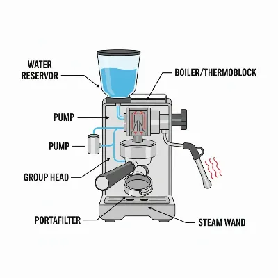 Detailed diagram of an espresso machine showing its main components like boiler, pump, portafilter, and steam wand.