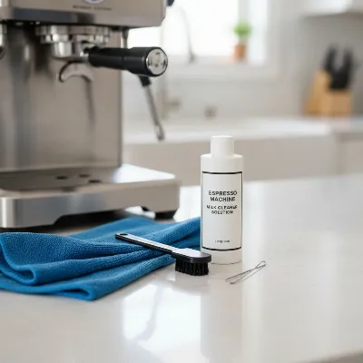 A collection of essential tools for cleaning an espresso machine steam wand, including a microfiber cloth, a small brush, a cleaning solution bottle, and a thin wire or paperclip, neatly arranged on a clean kitchen counter near an espresso machine.