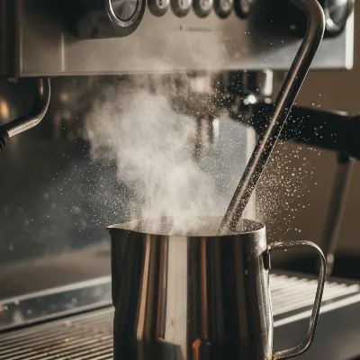 A close-up of an espresso machine steam wand being purged, with steam and a few water droplets visibly escaping into an empty metal pitcher, highlighting the cleaning process.