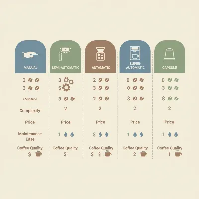 A clean, modern infographic comparing different types of espresso machines (Manual, Semi-Automatic, Automatic, Super-Automatic, Capsule) with icons for control, complexity, price, maintenance, and coffee quality. The background is light and inviting, with a subtle coffee theme.