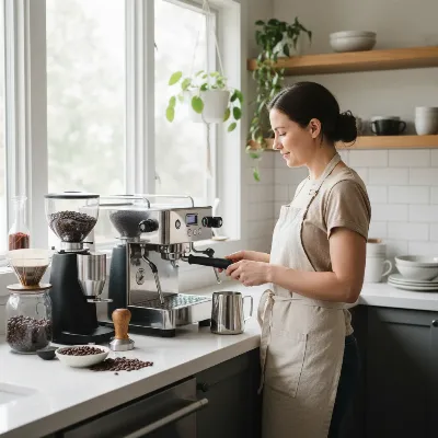 A home barista carefully choosing an espresso machine in a modern kitchen, surrounded by various coffee accessories.