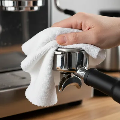 Close-up of a hand cleaning a polished stainless steel espresso machine component with a cloth.