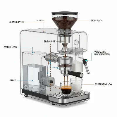 Detailed diagram of a super automatic espresso machine showing its internal components and flow path