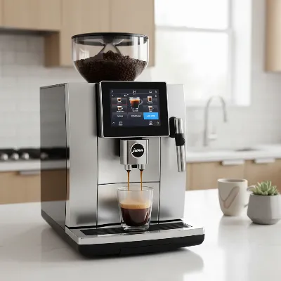 Sleek Jura Z10 super automatic espresso machine brewing a coffee with cold brew option displayed on screen
